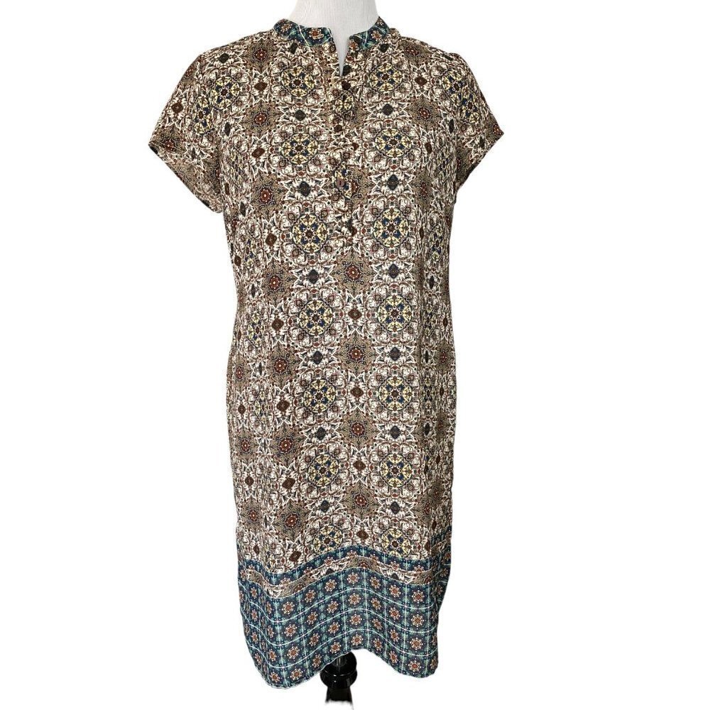 Danillo Boutique Brown Blue Paisley Mandarin Collar Cap Sleeve Crepe Dress 10